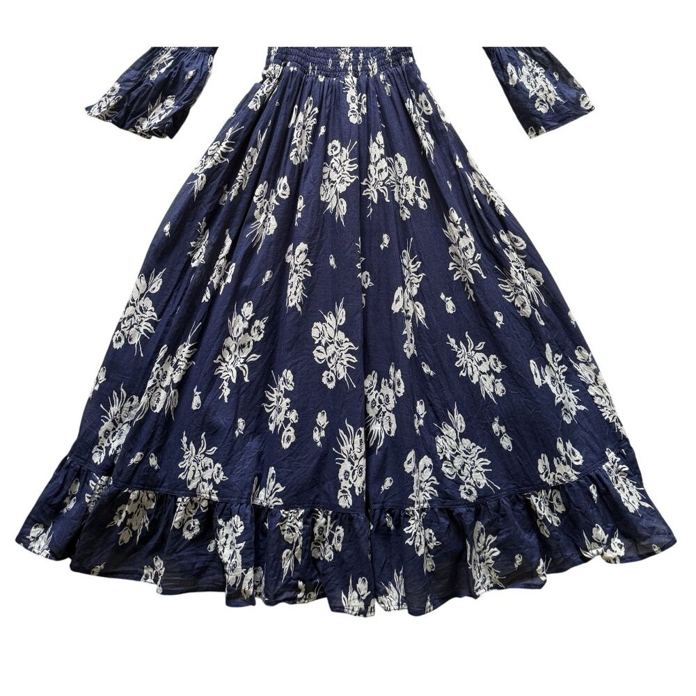 Polo Ralph Lauren Off-Shoulder Navy Floral MidiDress Smocked Bell Sleeves Large - Picture 2 of 6